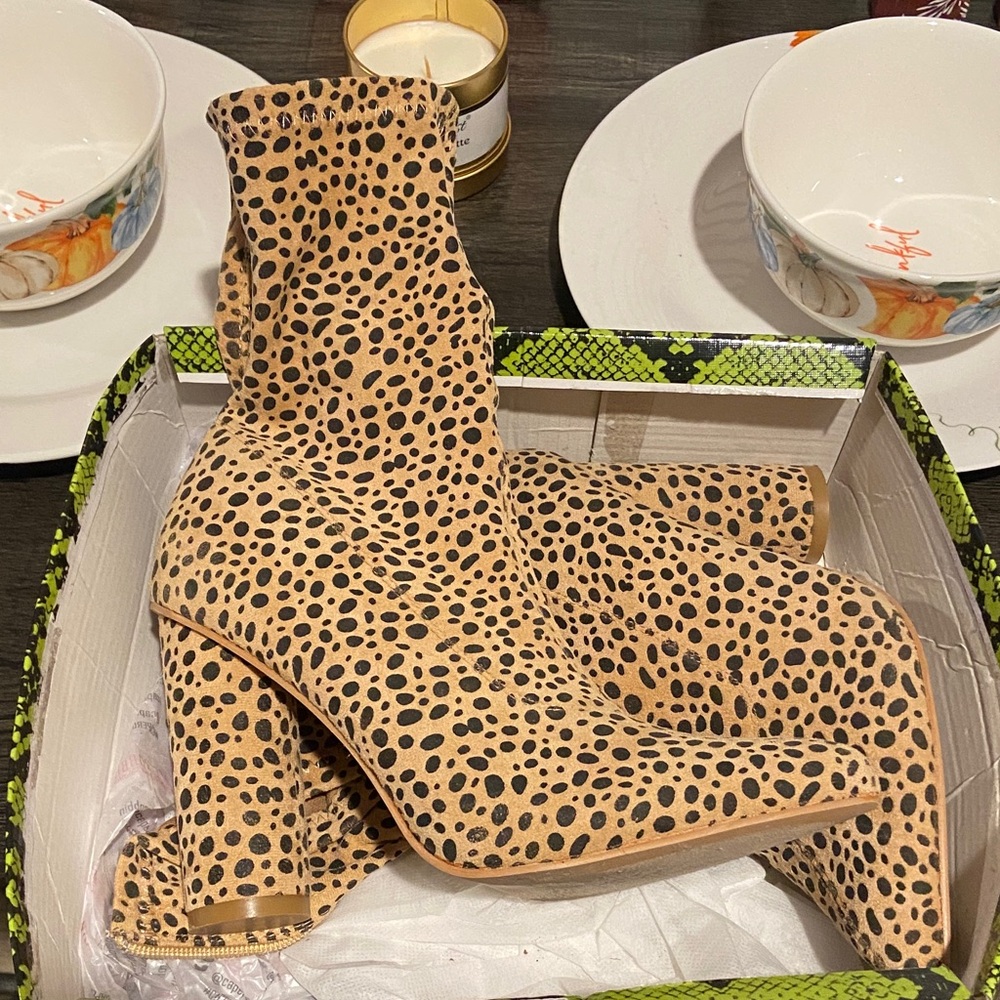 Stylish Tan and Black Leopard Print Heeled Boots